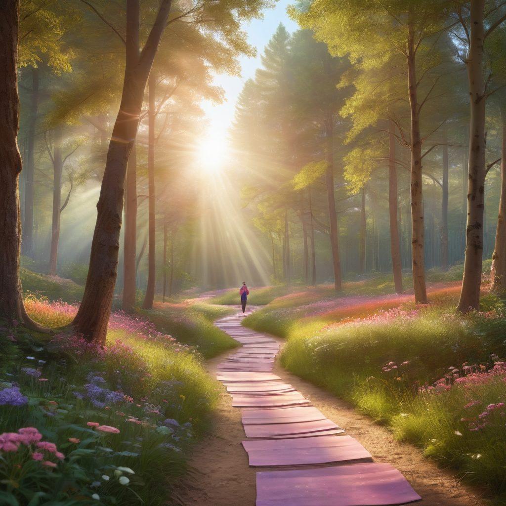 A serene landscape showcasing a path winding through a vibrant forest, symbolizing the journey of cancer patients towards healing. Alongside the path, diverse individuals engage in wellness activities like yoga and meditation, while others gather to discuss advocacy. Soft sunlight filters through the trees, creating a hopeful atmosphere. Include symbols of support like ribbons and hands raised in unity. super-realistic. vibrant colors. peaceful atmosphere.