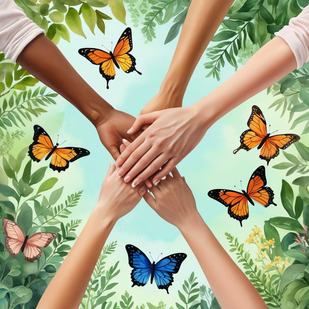 A serene and supportive community gathering, where diverse individuals hold hands in a circle, surrounded by vibrant greenery and gentle sunlight. In the center, a table filled with wellness resources like herbs, books, and comforting teas. Ethereal butterflies flutter above, symbolizing hope and transformation. The atmosphere radiates warmth and encouragement, illustrating the power of togetherness in healing. watercolor style. soft pastels. warm hues.