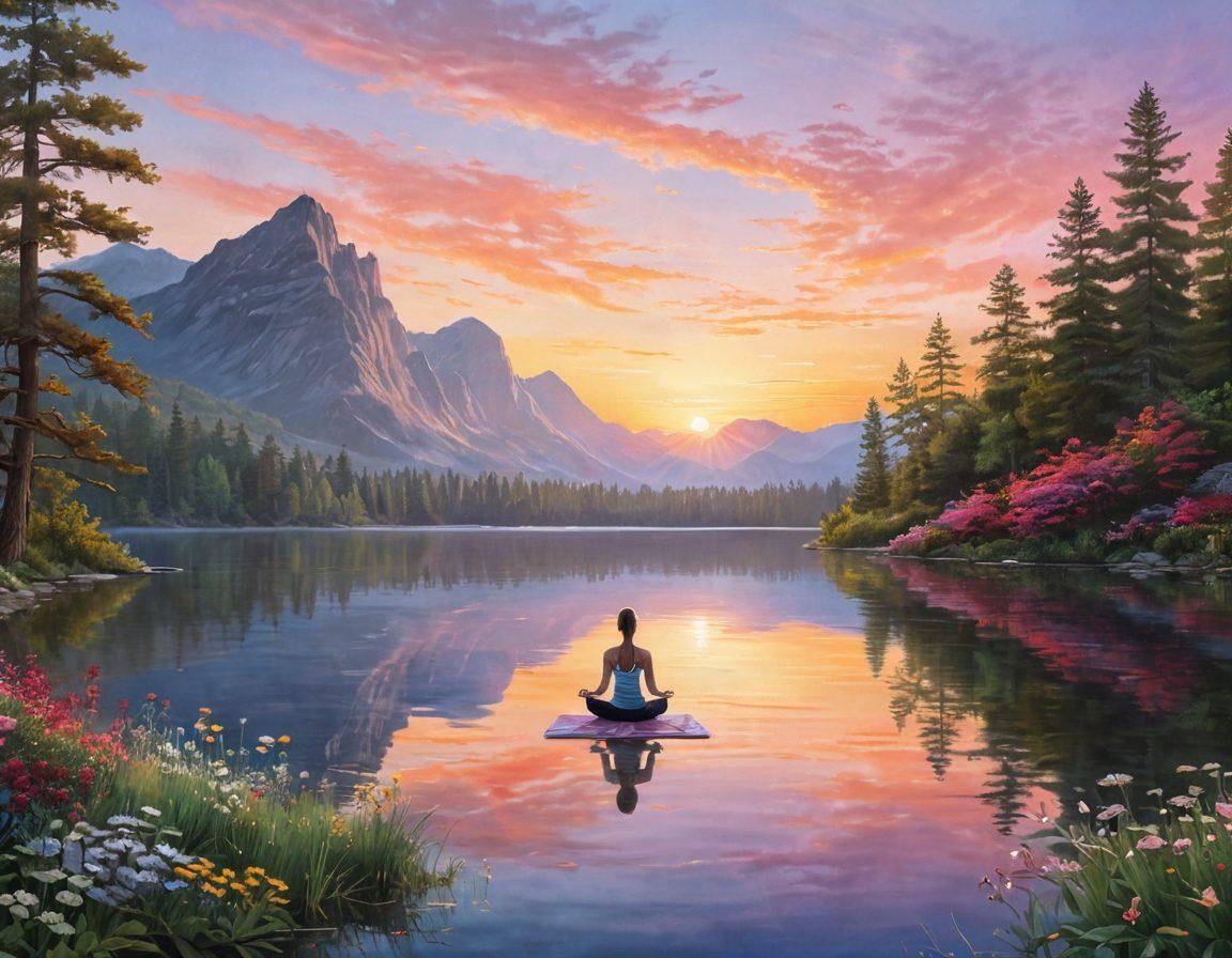 A serene landscape depicting a vibrant sunrise over a peaceful lake, symbolizing transformation and hope. Include a person practicing yoga by the water, embodying mindfulness and wellness. Surround with blooming flowers representing growth and healing. Incorporate soft pastel colors to evoke calmness and positivity. super-realistic. vibrant colors.